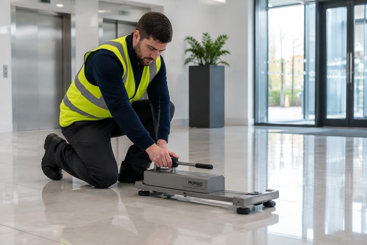 Technician performing a dry floor friction slip test on polished tiles in an office lobby