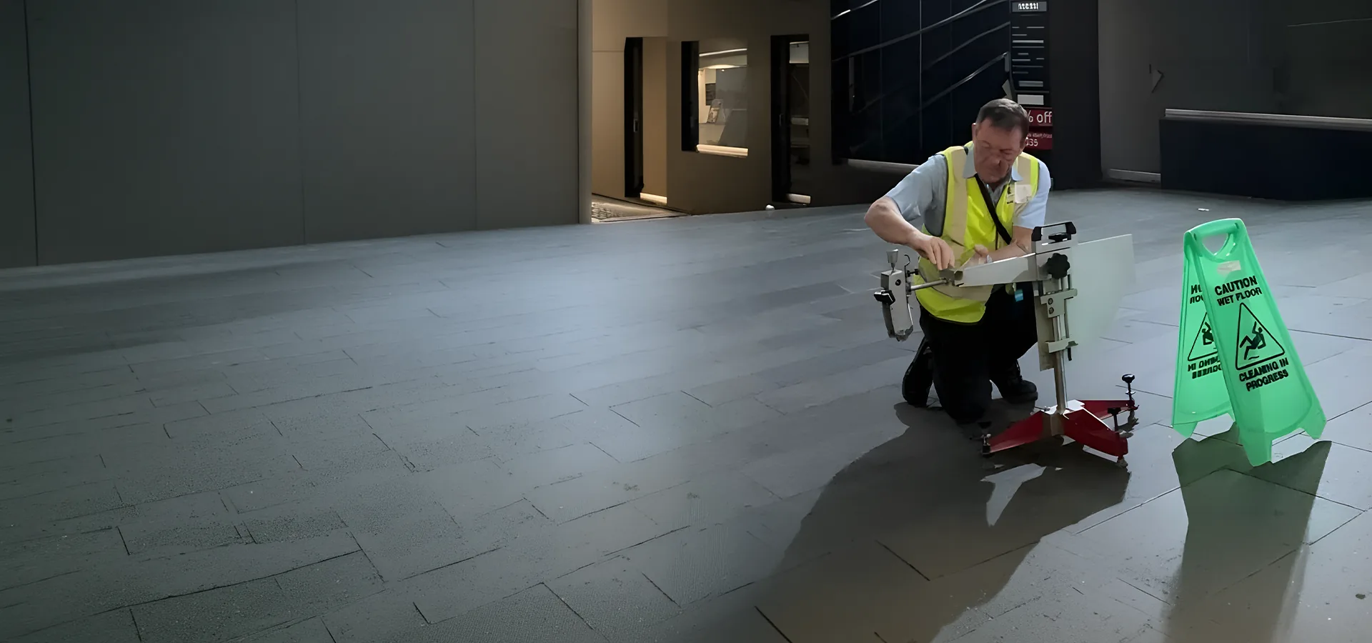 Daniels Slip Testing technician kneeling to run a wet pendulum test on a dark tiled retail concourse beside a caution wet floor sign