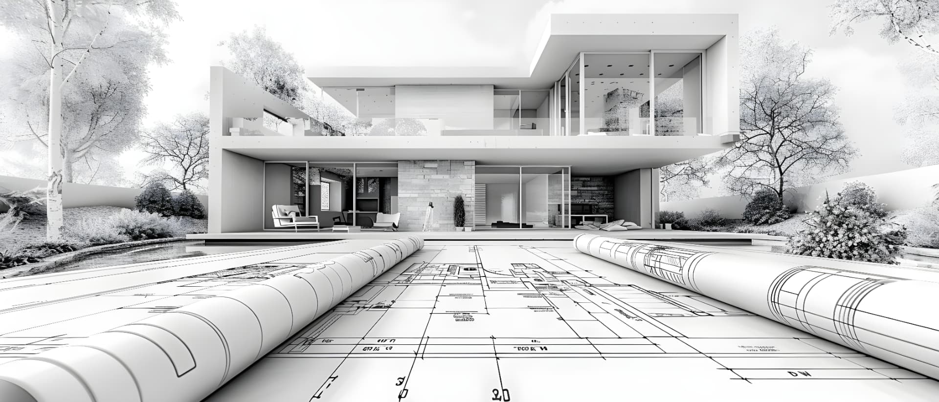 Architectural plans and a modern building design, illustrating floor specification and slip resistance planning
