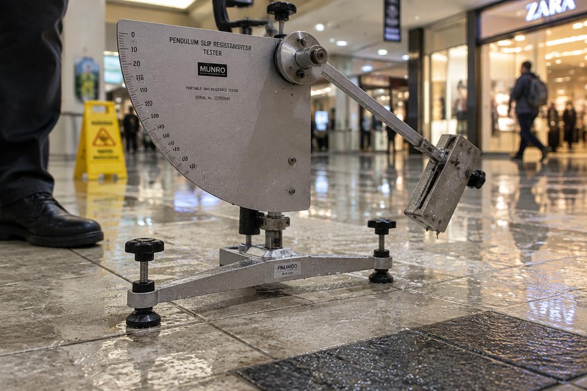Wet pendulum slip resistance tester set up on a wet tiled shopping centre floor