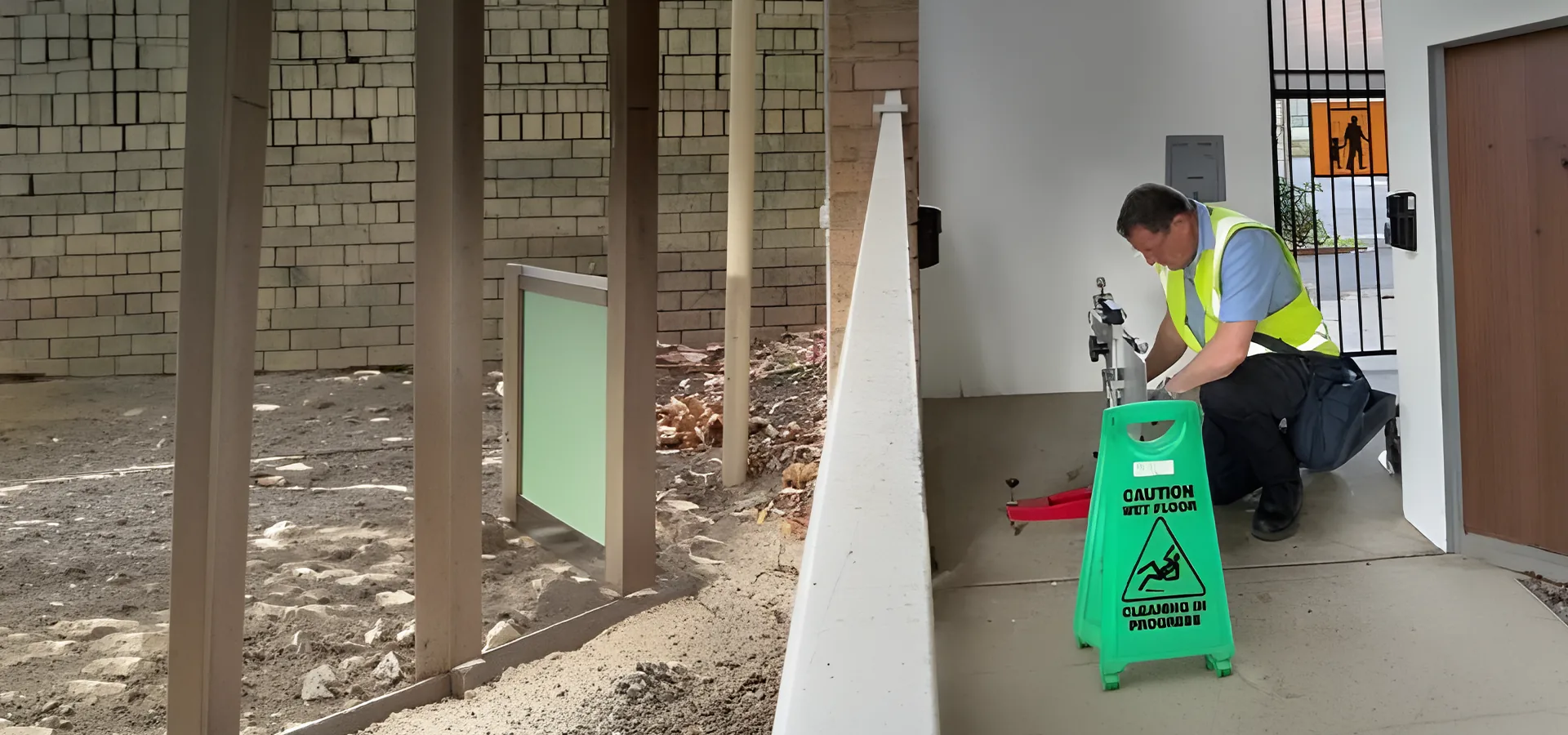 Slip testing consultant assessing a new concrete entry at a construction site next to a caution wet floor sign