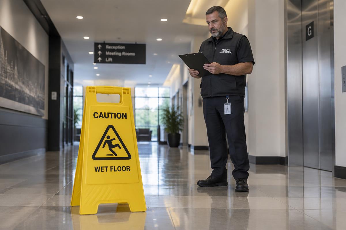 Facility manager with a clipboard beside a caution wet floor sign in a building corridor